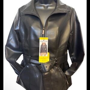 Kenneth Cole Ladies Faux Lather Belted Black Jacket Size S